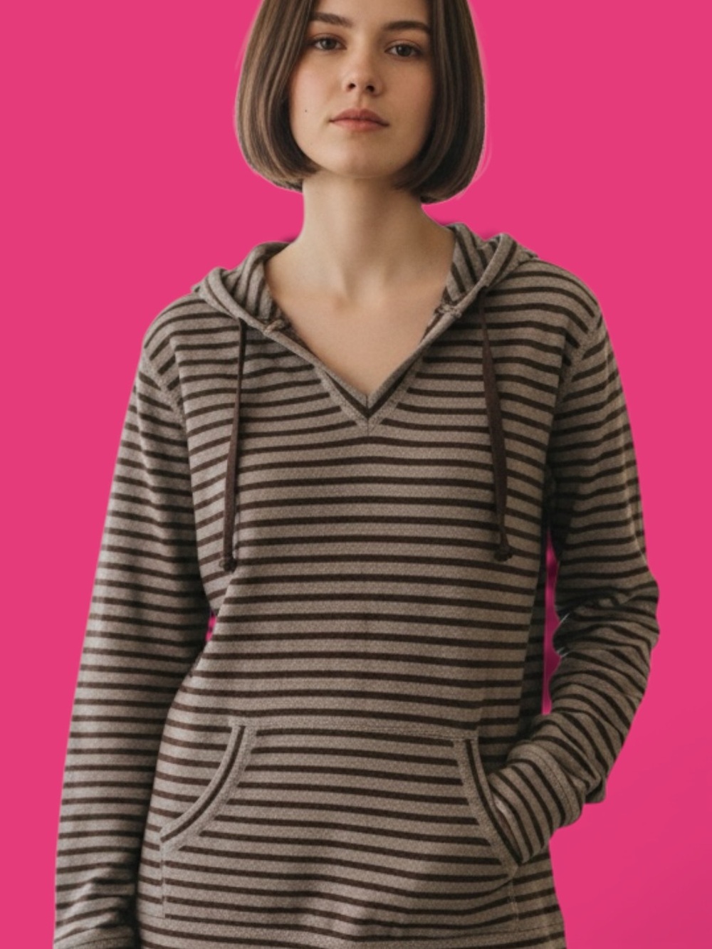 Long sleeve gray and black striped V-neck hoodie. Sz. M. Excellent condition.
